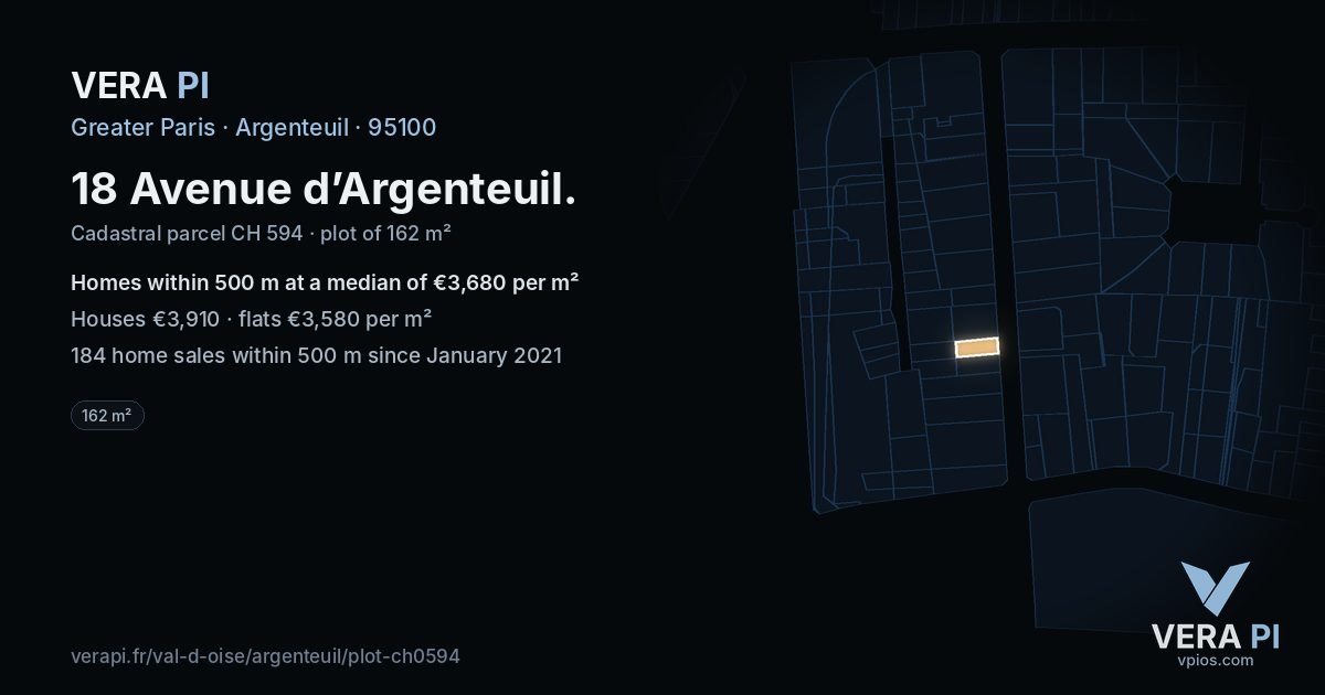 18 Avenue d’Argenteuil, Argenteuil at night – the plot lit, the parcels around coloured by the prices near them