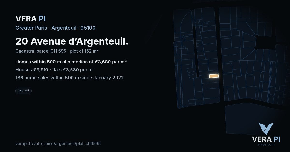 20 Avenue d’Argenteuil, Argenteuil at night – the plot lit, the parcels around coloured by the prices near them