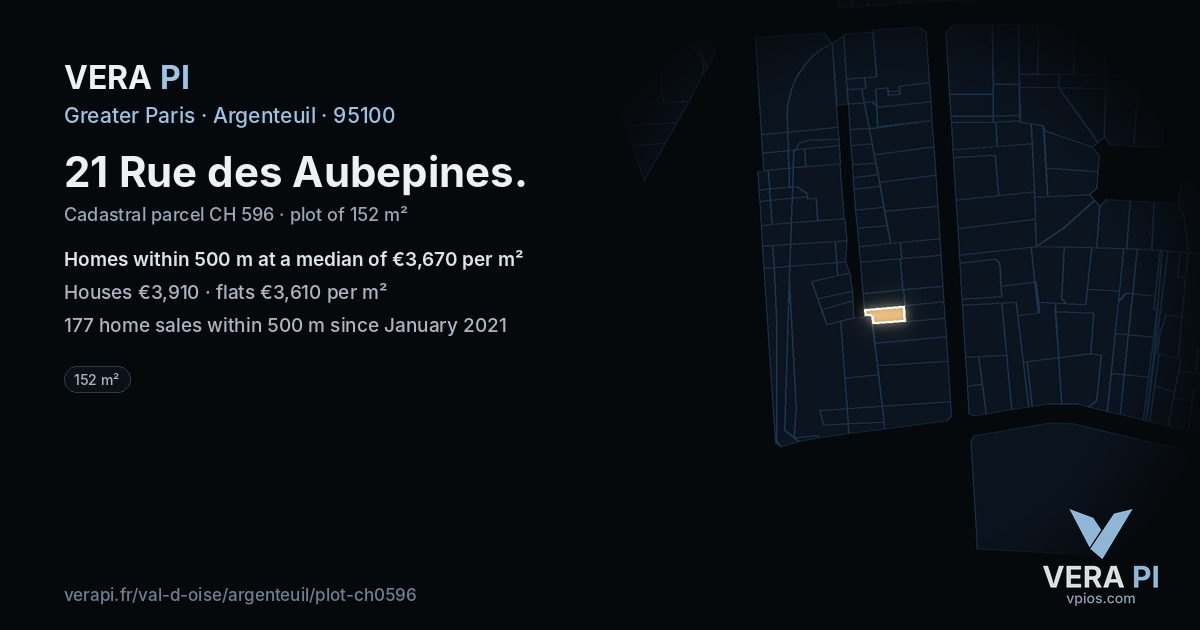 21 Rue des Aubepines, Argenteuil at night – the plot lit, the parcels around coloured by the prices near them