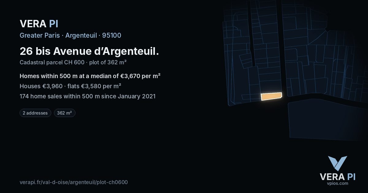 26 bis Avenue d’Argenteuil, Argenteuil at night – the plot lit, the parcels around coloured by the prices near them