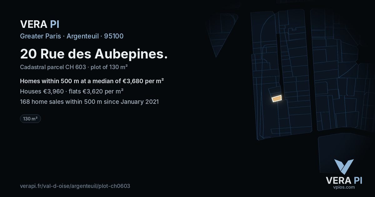 20 Rue des Aubepines, Argenteuil at night – the plot lit, the parcels around coloured by the prices near them