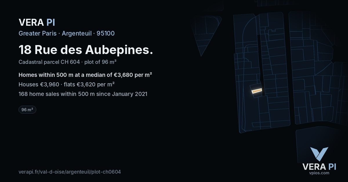 18 Rue des Aubepines, Argenteuil at night – the plot lit, the parcels around coloured by the prices near them