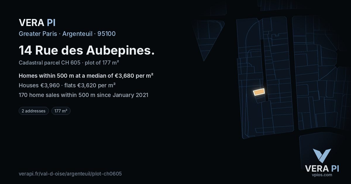 14 Rue des Aubepines, Argenteuil at night – the plot lit, the parcels around coloured by the prices near them