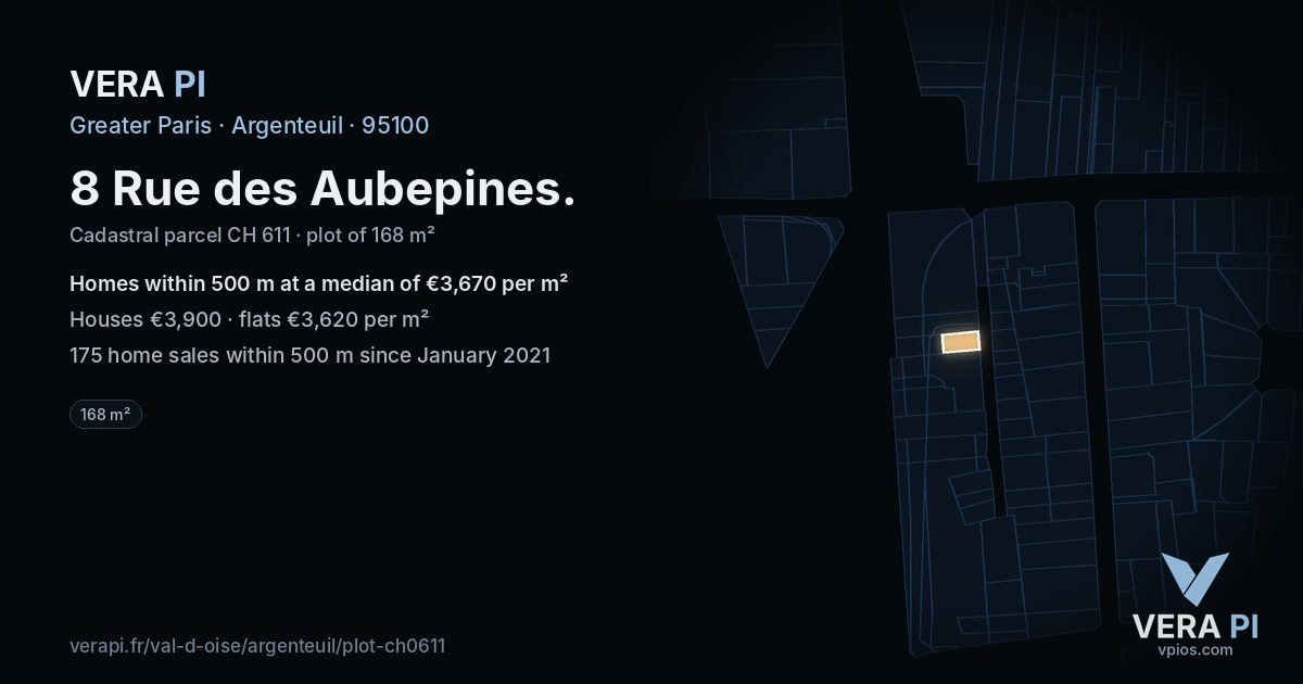 8 Rue des Aubepines, Argenteuil at night – the plot lit, the parcels around coloured by the prices near them