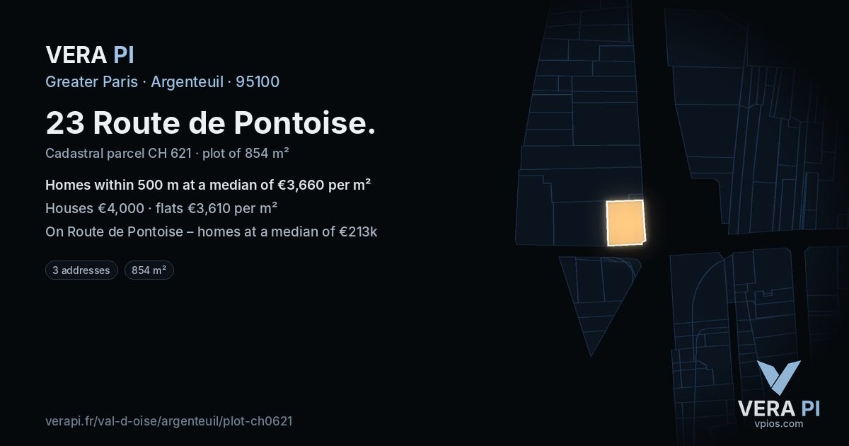 23 Route de Pontoise, Argenteuil at night – the plot lit, the parcels around coloured by the prices near them
