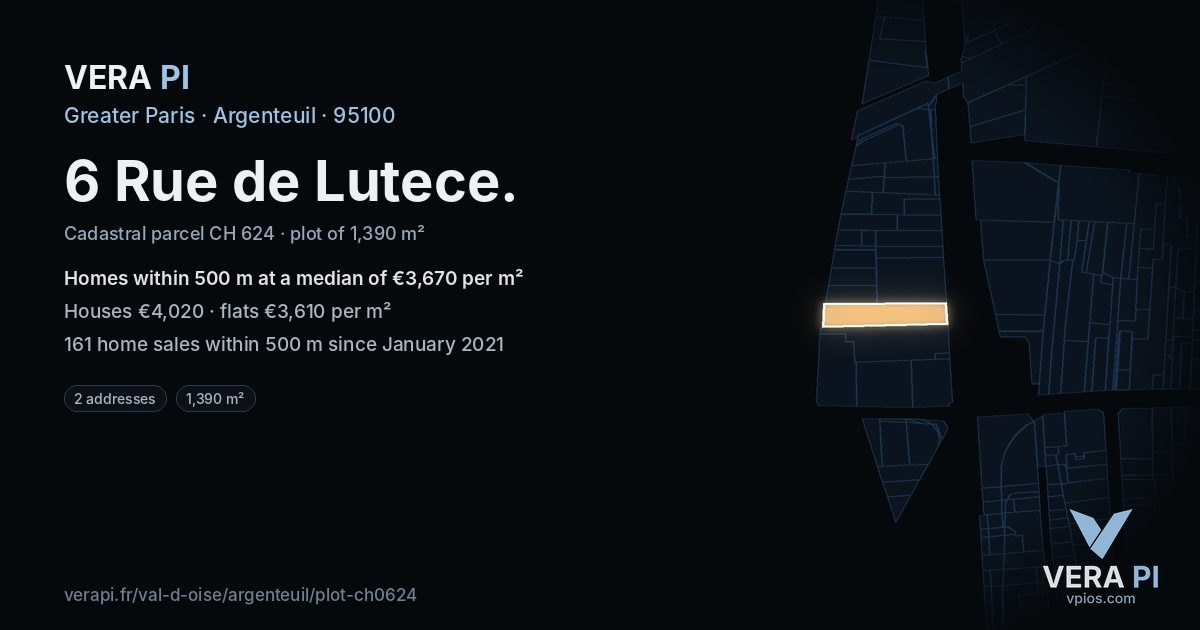 6 Rue de Lutece, Argenteuil at night – the plot lit, the parcels around coloured by the prices near them