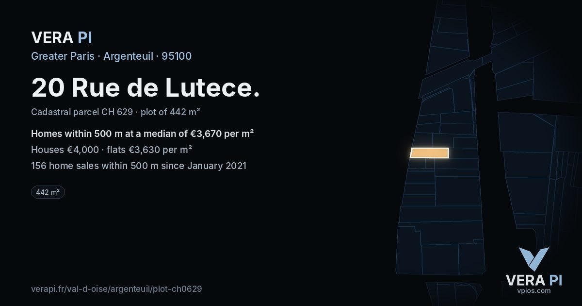 20 Rue de Lutece, Argenteuil at night – the plot lit, the parcels around coloured by the prices near them