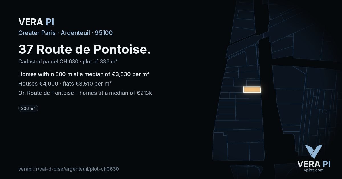 37 Route de Pontoise, Argenteuil at night – the plot lit, the parcels around coloured by the prices near them