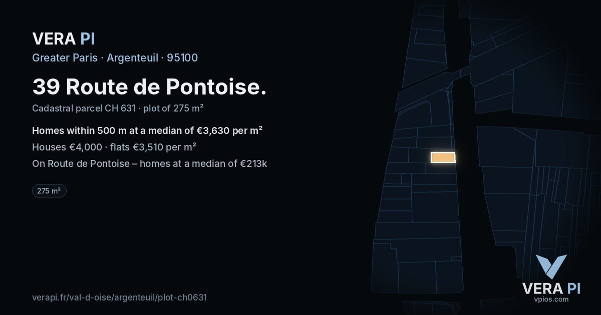 39 Route de Pontoise, Argenteuil at night – the plot lit, the parcels around coloured by the prices near them