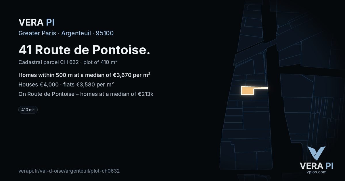 41 Route de Pontoise, Argenteuil at night – the plot lit, the parcels around coloured by the prices near them