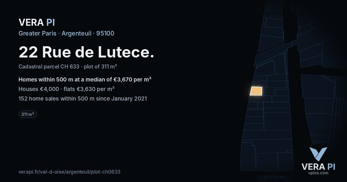 22 Rue de Lutece, Argenteuil at night – the plot lit, the parcels around coloured by the prices near them