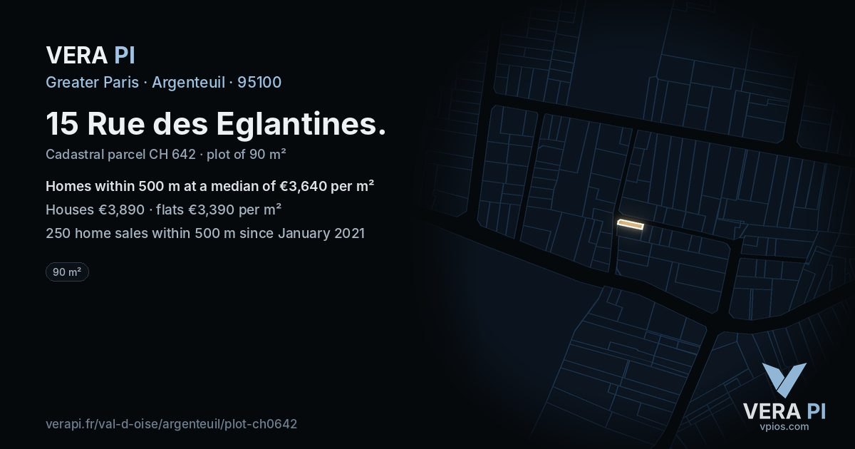 15 Rue des Eglantines, Argenteuil at night – the plot lit, the parcels around coloured by the prices near them