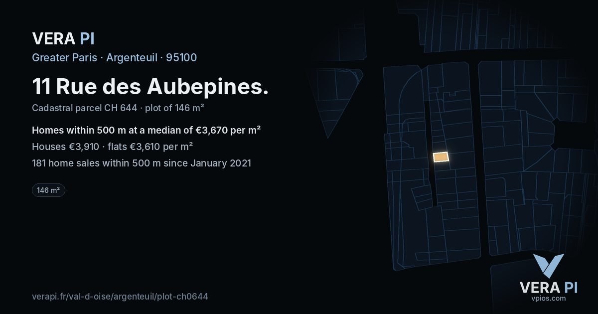 11 Rue des Aubepines, Argenteuil at night – the plot lit, the parcels around coloured by the prices near them