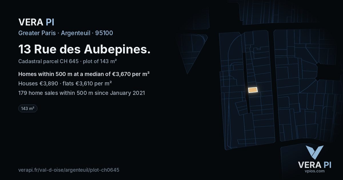 13 Rue des Aubepines, Argenteuil at night – the plot lit, the parcels around coloured by the prices near them