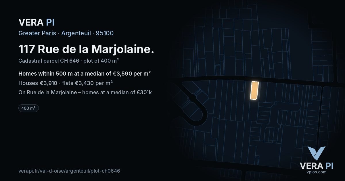 117 Rue de la Marjolaine, Argenteuil at night – the plot lit, the parcels around coloured by the prices near them