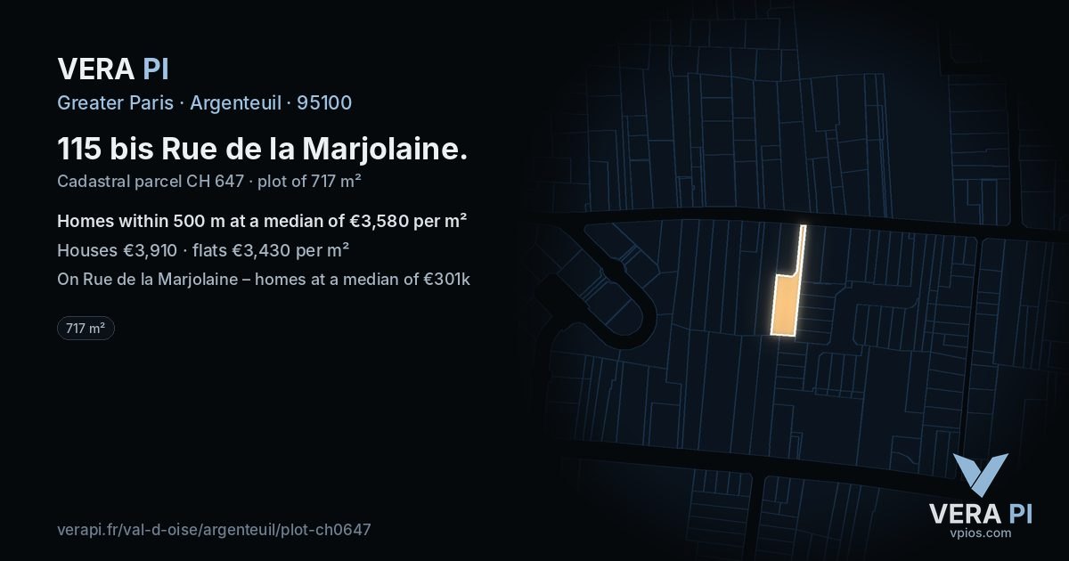 115 bis Rue de la Marjolaine, Argenteuil at night – the plot lit, the parcels around coloured by the prices near them