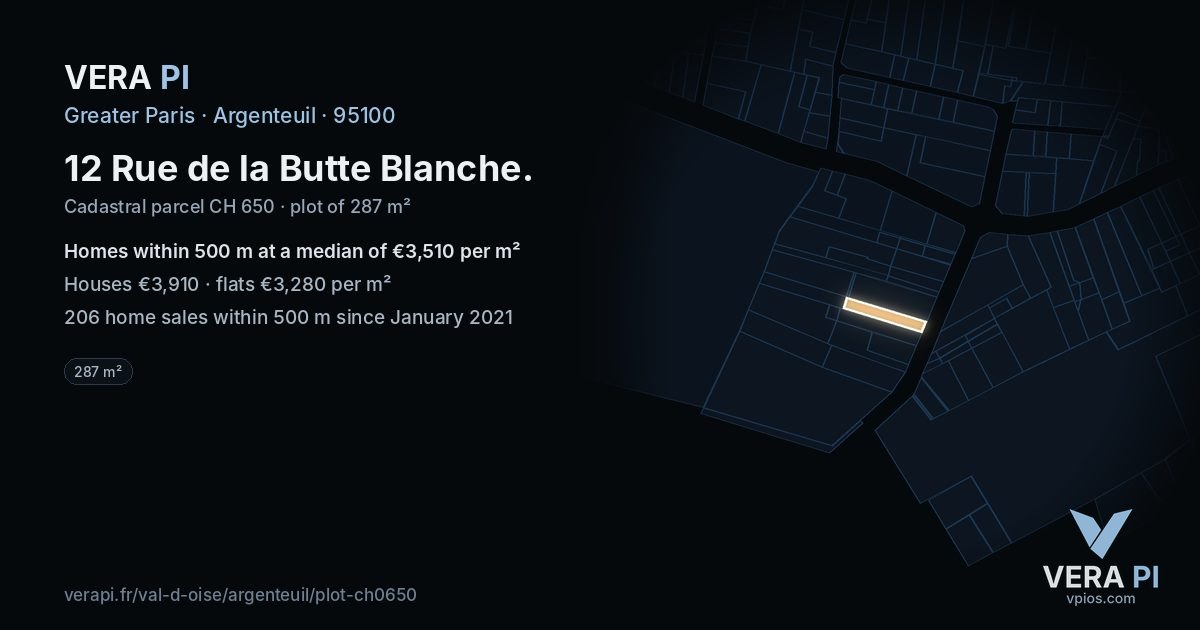 12 Rue de la Butte Blanche, Argenteuil at night – the plot lit, the parcels around coloured by the prices near them