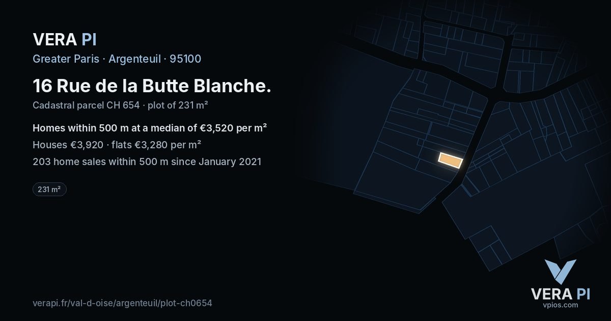 16 Rue de la Butte Blanche, Argenteuil at night – the plot lit, the parcels around coloured by the prices near them