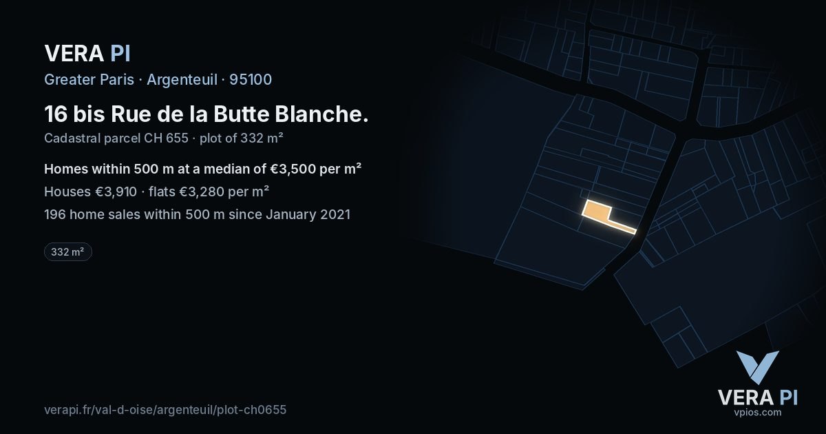 16 bis Rue de la Butte Blanche, Argenteuil at night – the plot lit, the parcels around coloured by the prices near them