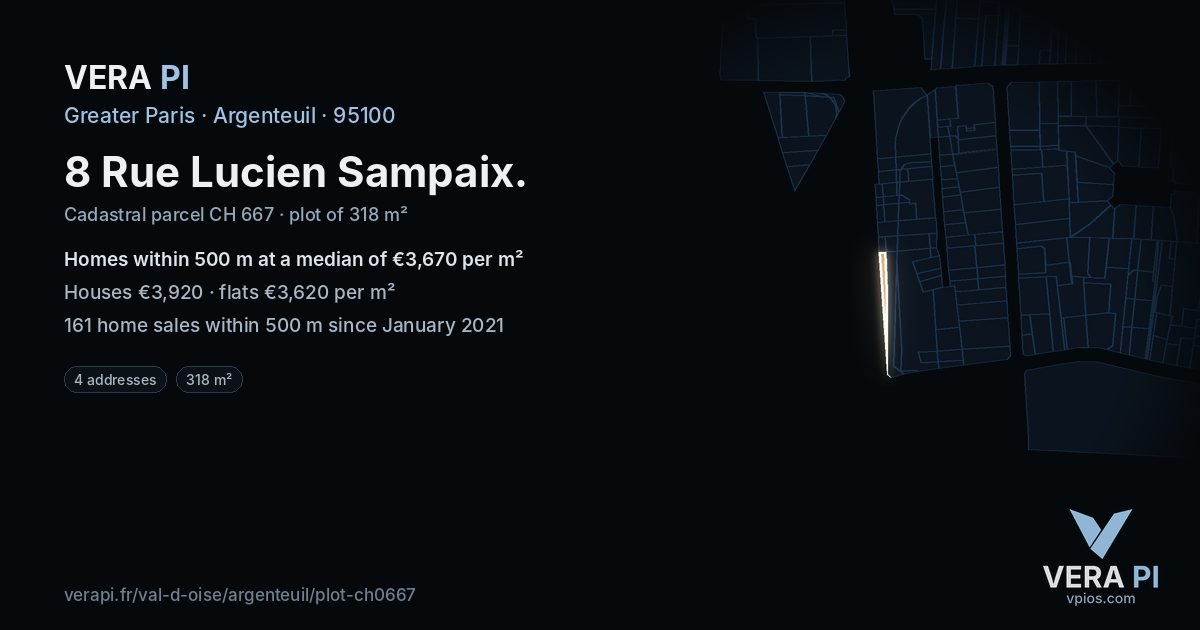 8 Rue Lucien Sampaix, Argenteuil at night – the plot lit, the parcels around coloured by the prices near them