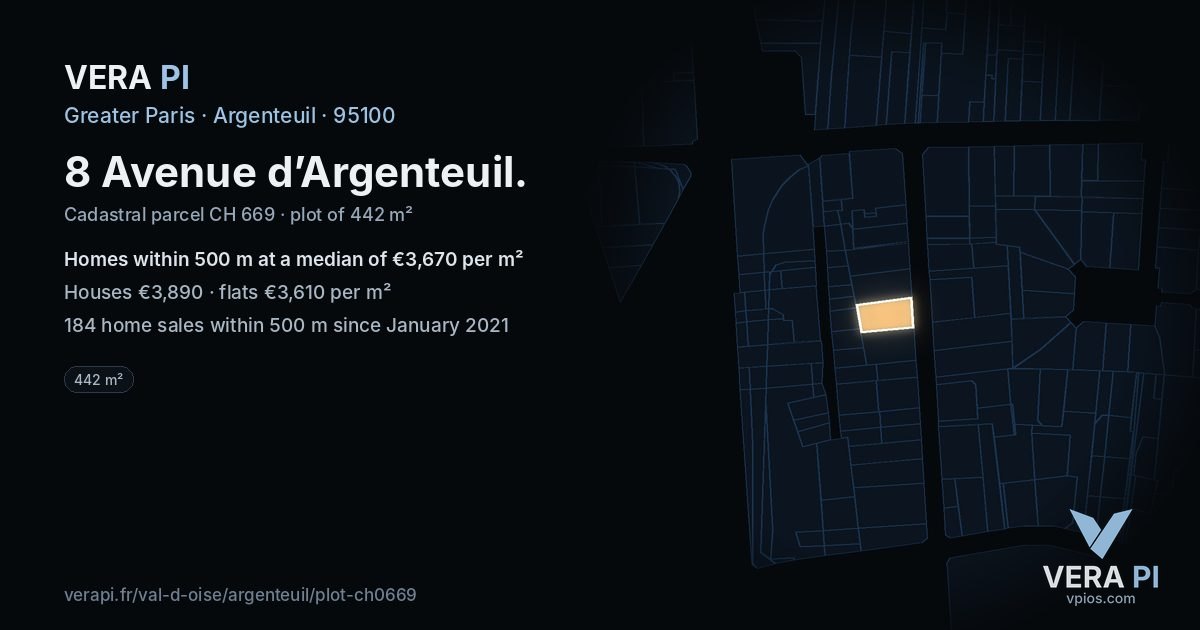 8 Avenue d’Argenteuil, Argenteuil at night – the plot lit, the parcels around coloured by the prices near them
