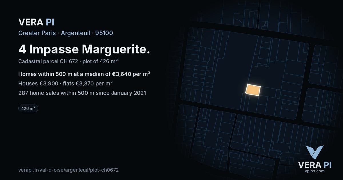 4 Impasse Marguerite, Argenteuil at night – the plot lit, the parcels around coloured by the prices near them
