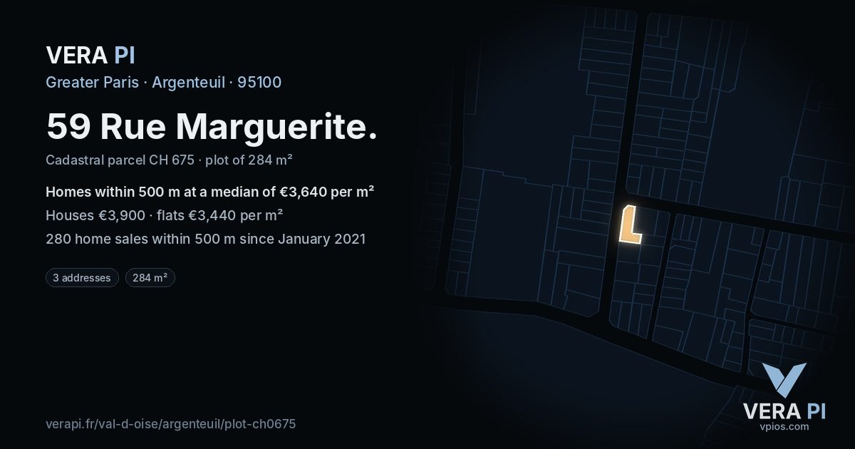 59 Rue Marguerite, Argenteuil at night – the plot lit, the parcels around coloured by the prices near them