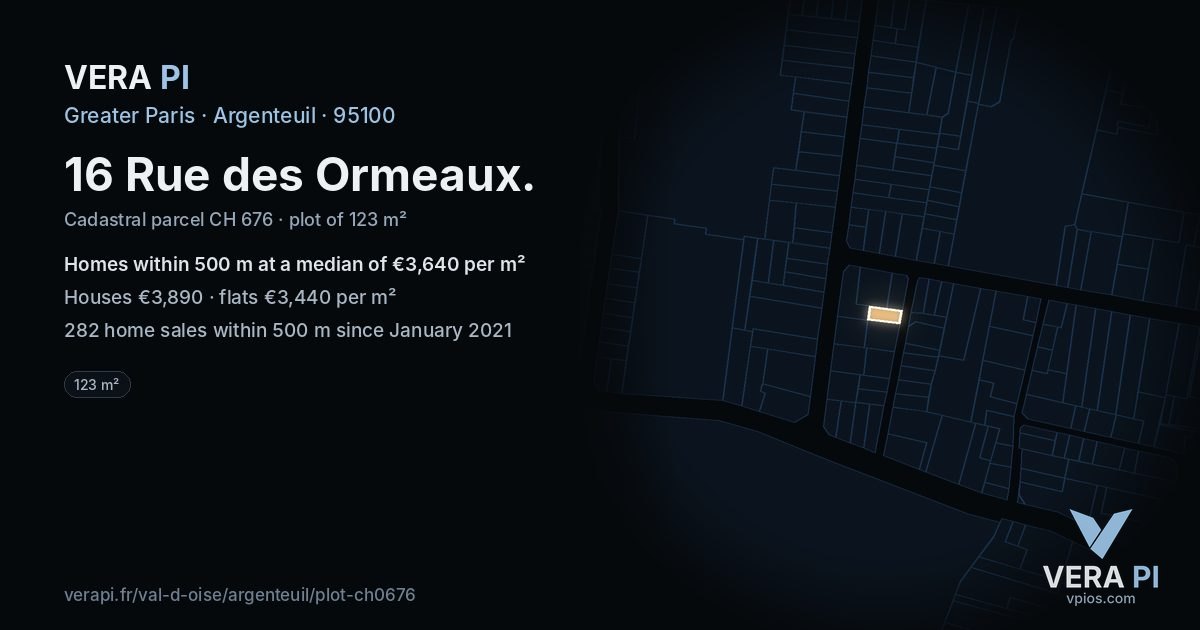 16 Rue des Ormeaux, Argenteuil at night – the plot lit, the parcels around coloured by the prices near them