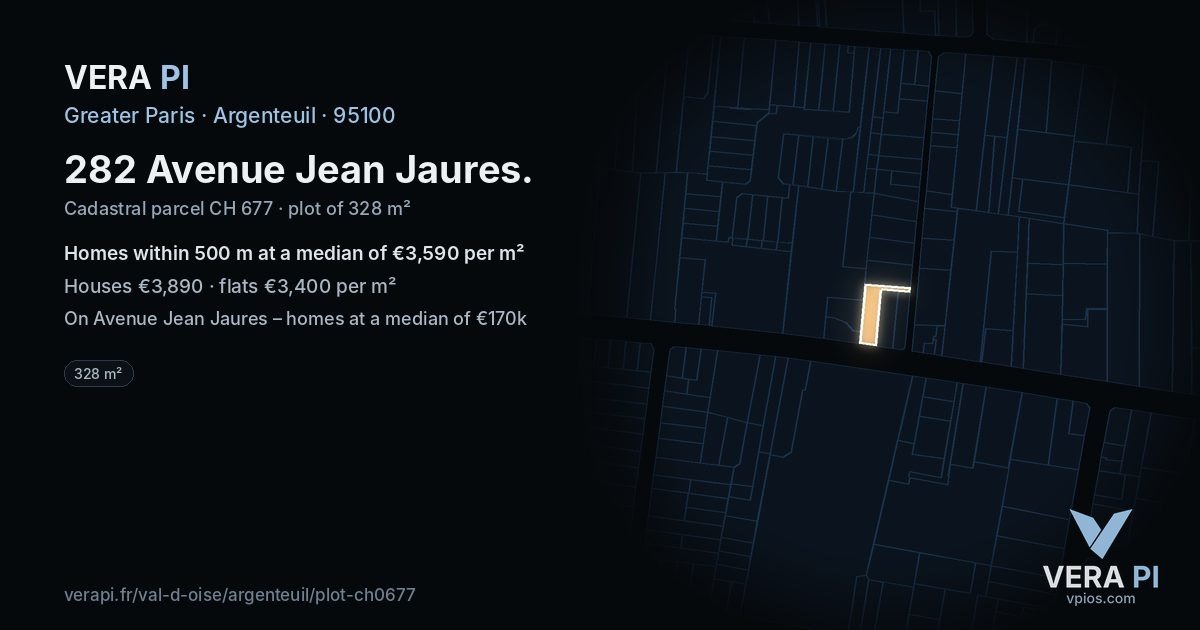 282 Avenue Jean Jaures, Argenteuil at night – the plot lit, the parcels around coloured by the prices near them