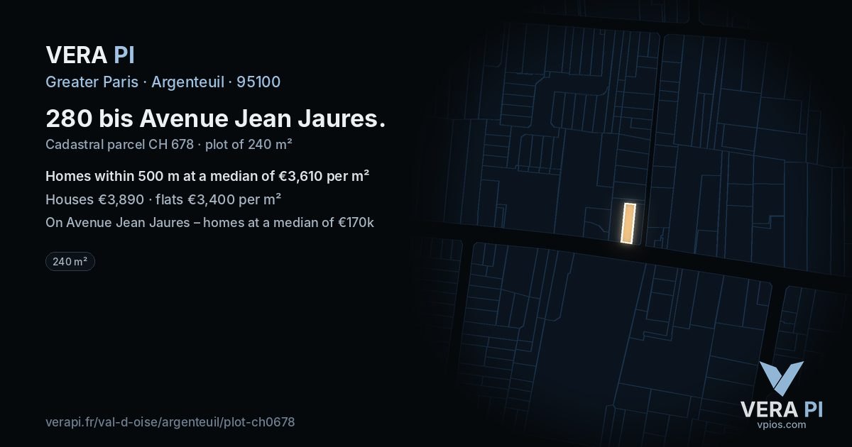 280 bis Avenue Jean Jaures, Argenteuil at night – the plot lit, the parcels around coloured by the prices near them