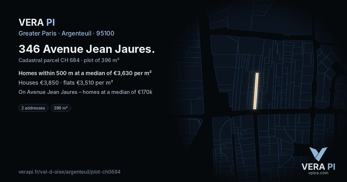 346 Avenue Jean Jaures, Argenteuil at night – the plot lit, the parcels around coloured by the prices near them