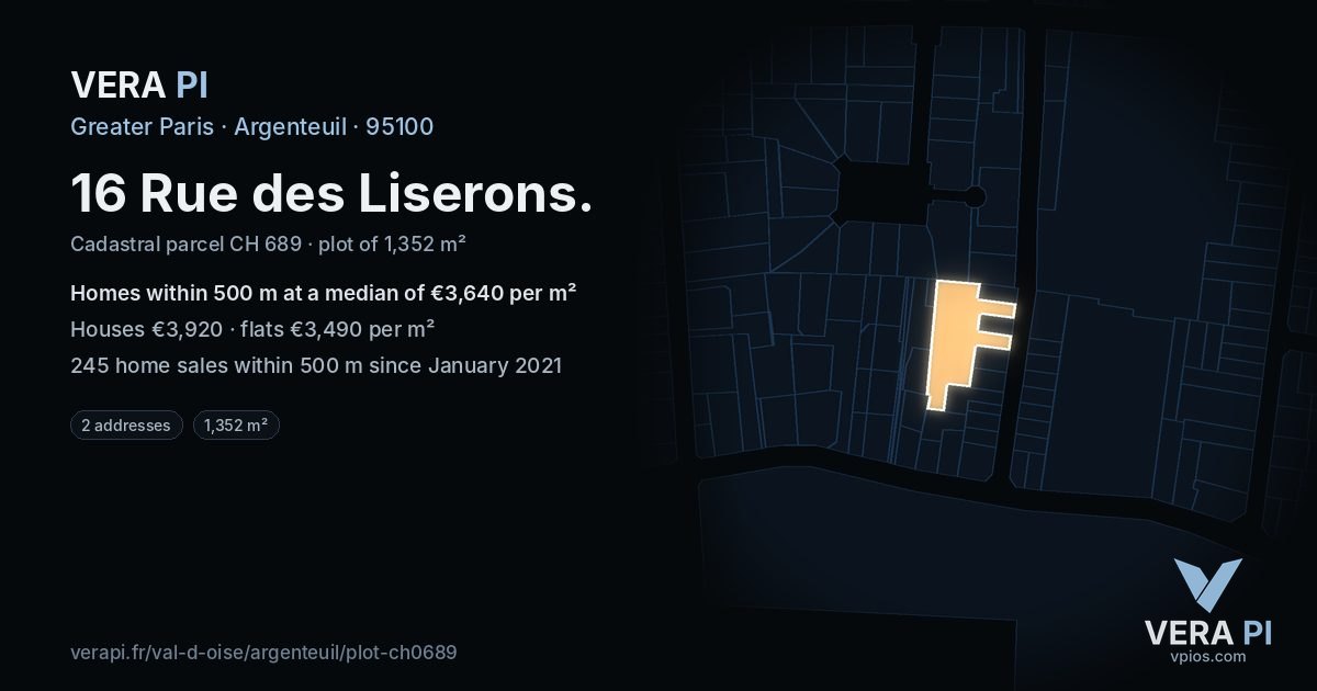 16 Rue des Liserons, Argenteuil at night – the plot lit, the parcels around coloured by the prices near them