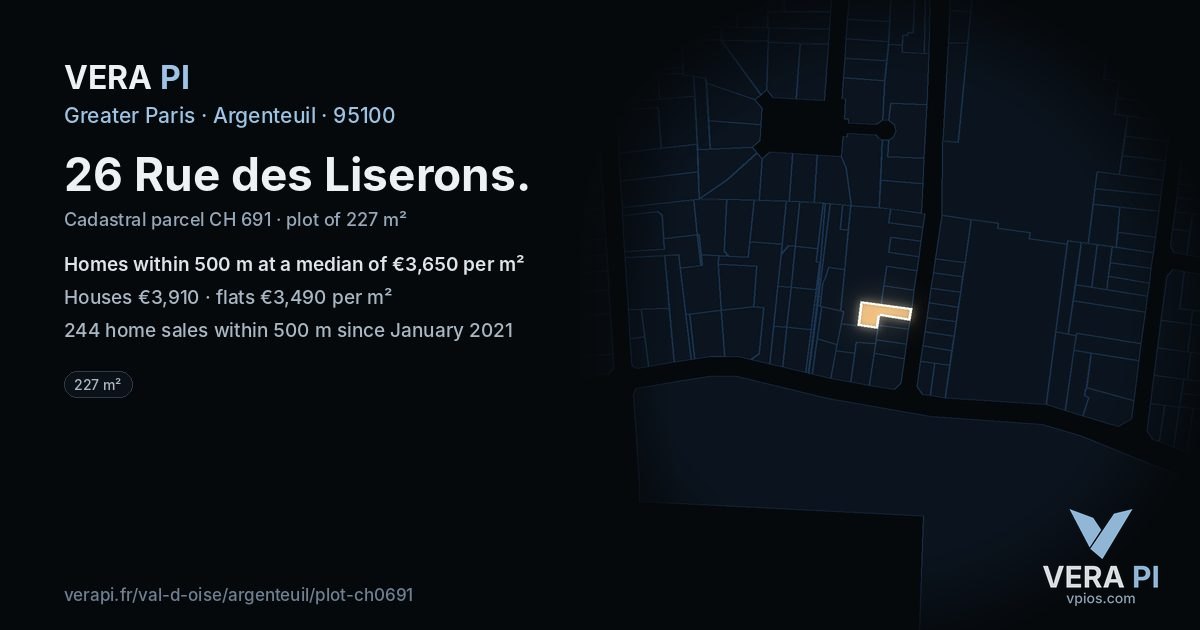 26 Rue des Liserons, Argenteuil at night – the plot lit, the parcels around coloured by the prices near them