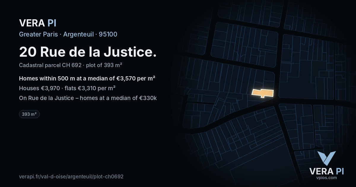 20 Rue de la Justice, Argenteuil at night – the plot lit, the parcels around coloured by the prices near them