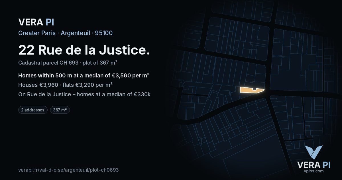 22 Rue de la Justice, Argenteuil at night – the plot lit, the parcels around coloured by the prices near them