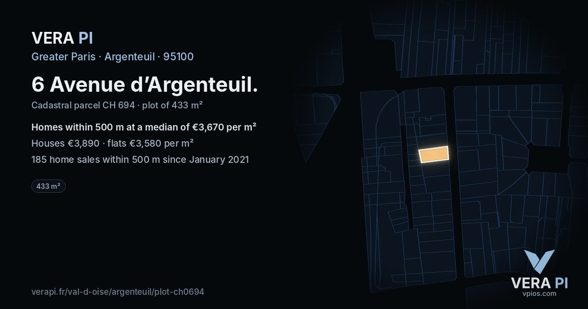 6 Avenue d’Argenteuil, Argenteuil at night – the plot lit, the parcels around coloured by the prices near them