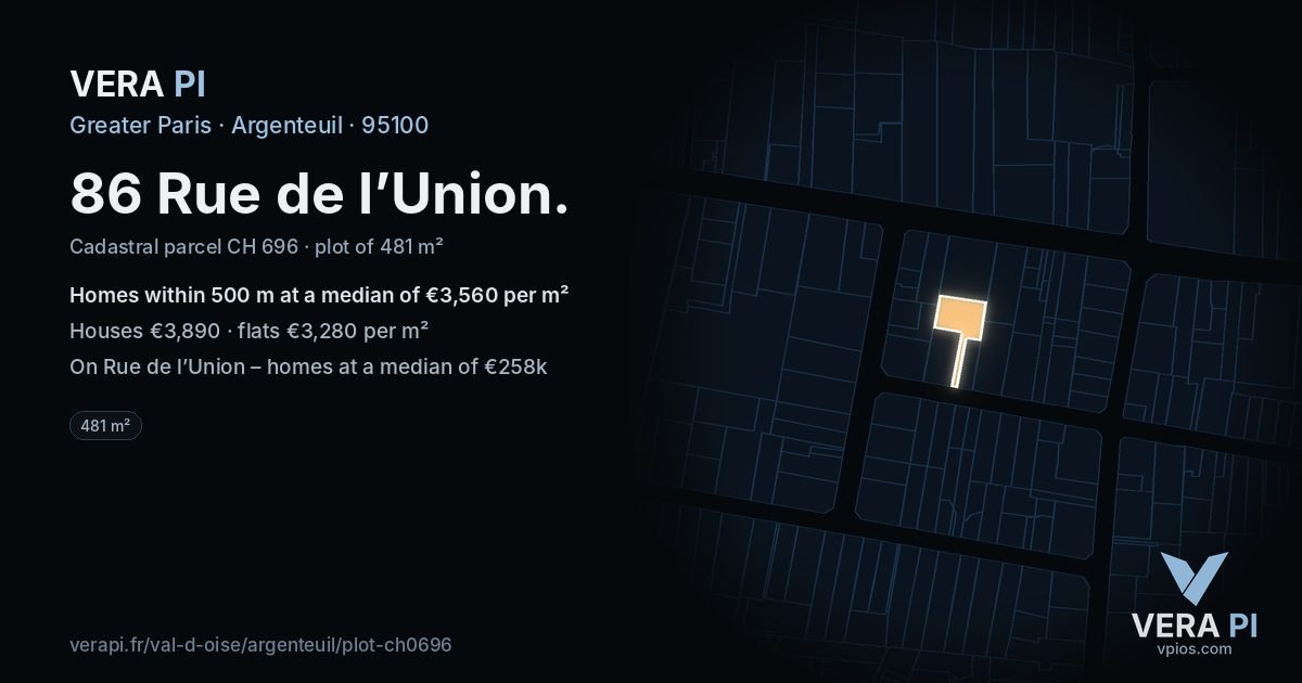 86 Rue de l’Union, Argenteuil at night – the plot lit, the parcels around coloured by the prices near them