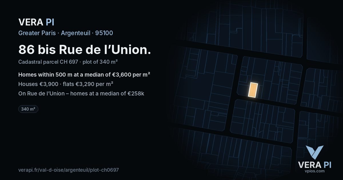 86 bis Rue de l’Union, Argenteuil at night – the plot lit, the parcels around coloured by the prices near them