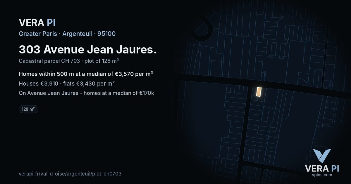 303 Avenue Jean Jaures, Argenteuil at night – the plot lit, the parcels around coloured by the prices near them