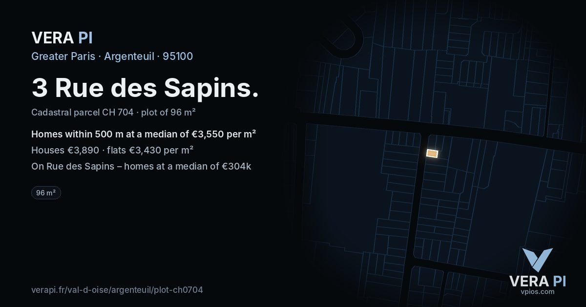 3 Rue des Sapins, Argenteuil at night – the plot lit, the parcels around coloured by the prices near them