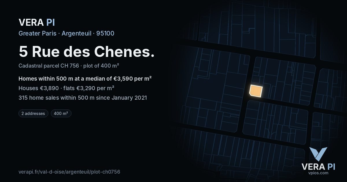 5 Rue des Chenes, Argenteuil at night – the plot lit, the parcels around coloured by the prices near them