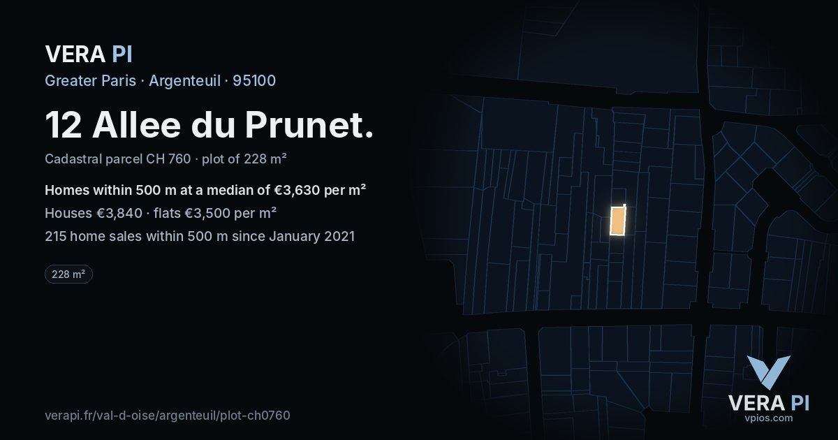 12 Allee du Prunet, Argenteuil at night – the plot lit, the parcels around coloured by the prices near them