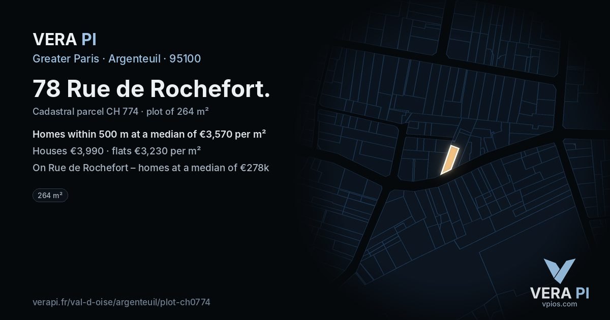 78 Rue de Rochefort, Argenteuil at night – the plot lit, the parcels around coloured by the prices near them