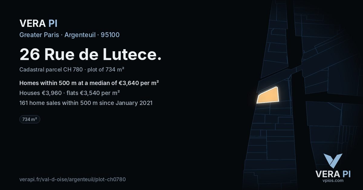 26 Rue de Lutece, Argenteuil at night – the plot lit, the parcels around coloured by the prices near them