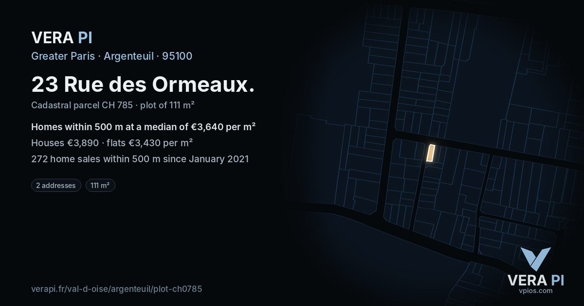 23 Rue des Ormeaux, Argenteuil at night – the plot lit, the parcels around coloured by the prices near them