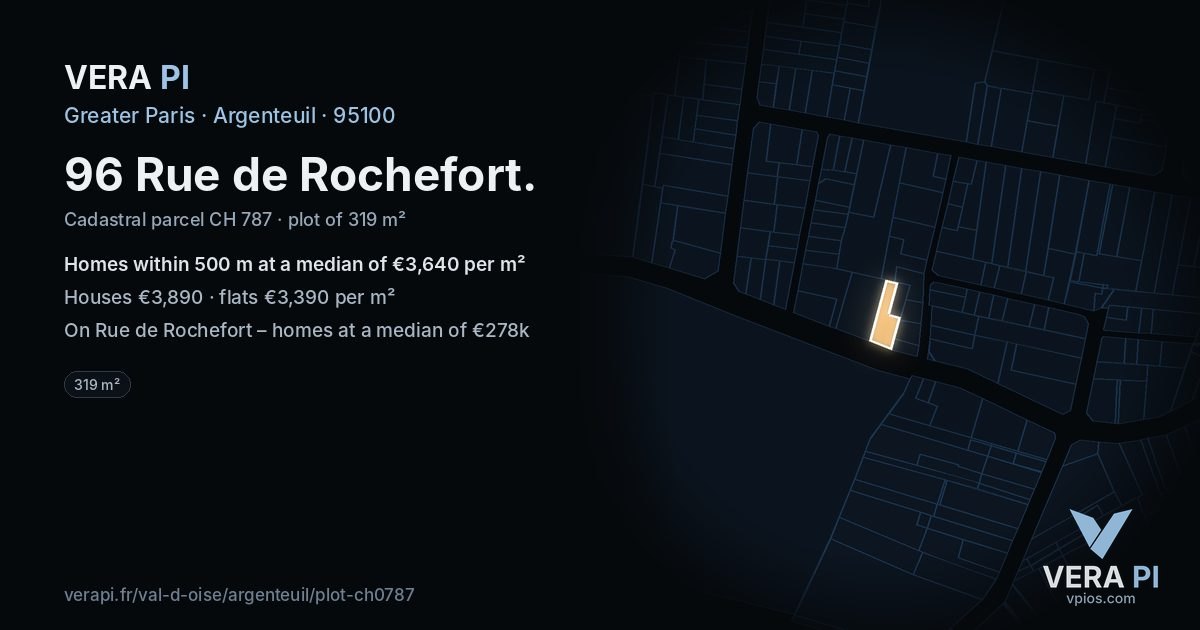 96 Rue de Rochefort, Argenteuil at night – the plot lit, the parcels around coloured by the prices near them