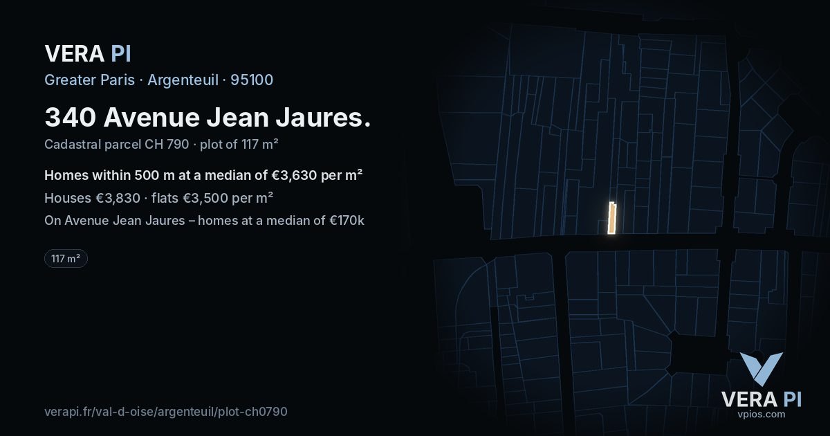 340 Avenue Jean Jaures, Argenteuil at night – the plot lit, the parcels around coloured by the prices near them