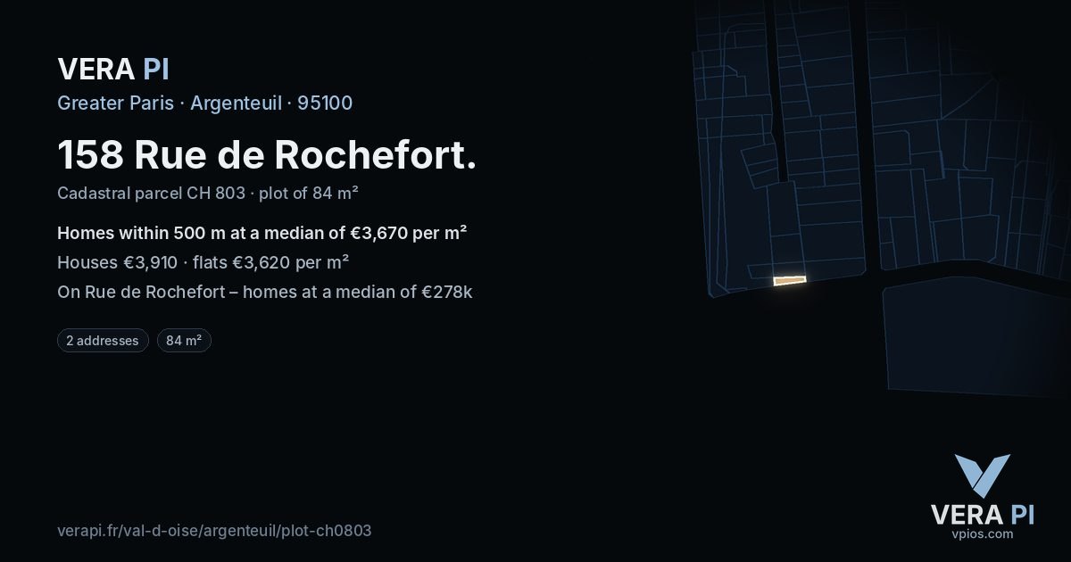 158 Rue de Rochefort, Argenteuil at night – the plot lit, the parcels around coloured by the prices near them