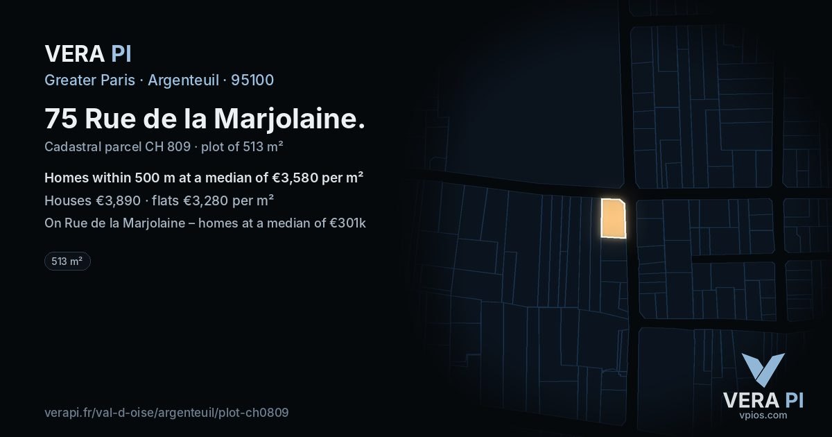 75 Rue de la Marjolaine, Argenteuil at night – the plot lit, the parcels around coloured by the prices near them