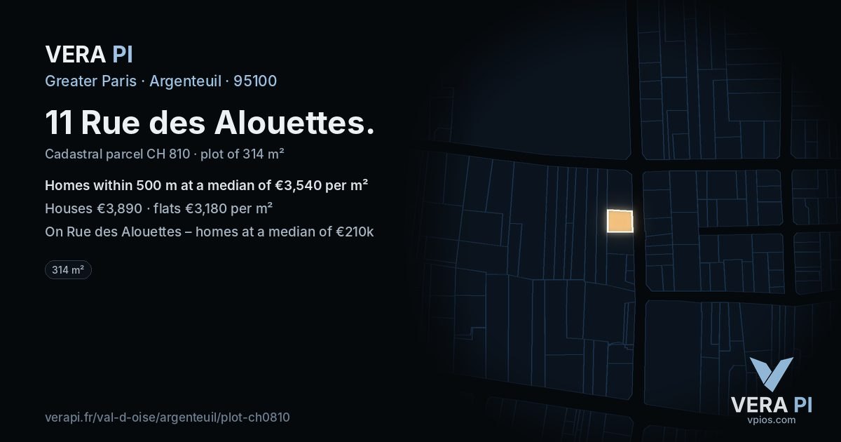 11 Rue des Alouettes, Argenteuil at night – the plot lit, the parcels around coloured by the prices near them